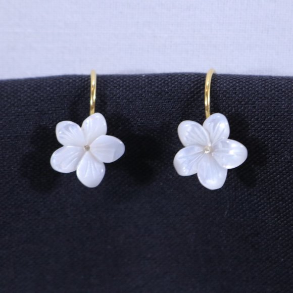 White Mother of Pearl Flower Hook Earrings – Sterling Silver Gold Plated - Picture 1 of 6